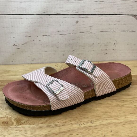 Birkis Birkenstock Women Sz 8  Pink Birko-Flor Aziza Narvic Stripes Slide Sandal - Picture 1 of 16